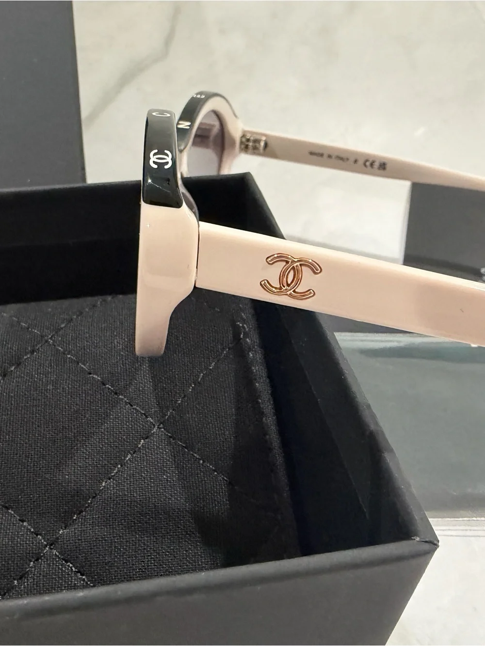Beige/Pink Tone and Black Cat-Eye Sunglasses with Dark Lenses
